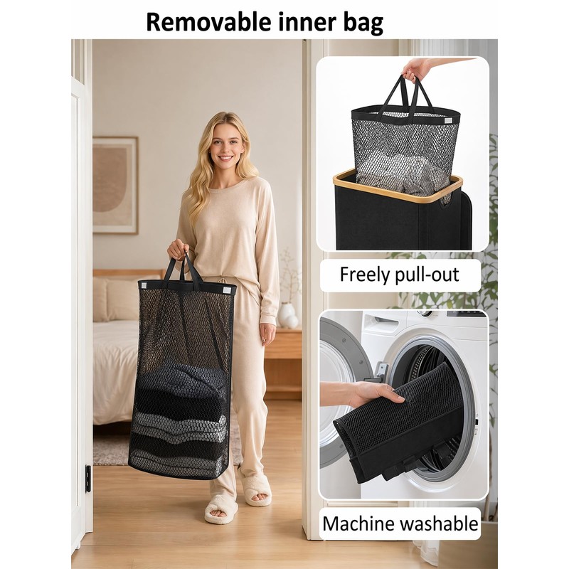 IEGrow Laundry Hamper with Lid, 110L Laundry Basket with Bag,Black