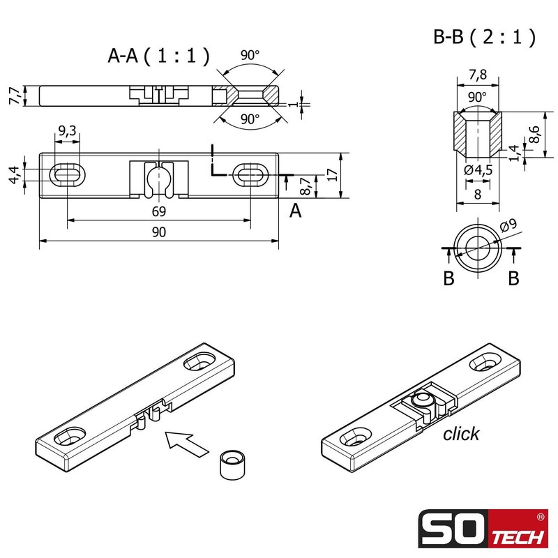 SOTECH Window Catch Balcony Door Catch 90 x 17 mm