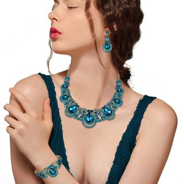 BriLove Women's Teardrop Crystal Statement Necklace Cluster Hollow Dangle Earrings Chain Bracelet Bridal Jewellery Set for Wedding Bride Bridesmaid Blue Topaz Color Gold-Toned