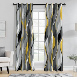 weesire Yellow and Grey Curtains Modern Striped Decorative 50% Light Blocking Darkening Grommet Yellow Curtain for Living Room Villa, Bedroom Gray and White 2 Panels Set, 52x84 Inches