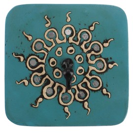 GURU SHOP Vintage Coat Hooks, Coat Hooks, Key Rack, Wall Hooks 'Bagru' Sun, 4 Colours, Turquoise, Wood, Colour: Turquoise, 10 x 10 cm, Wall Hooks Made of Wood, Metal and Ceramic