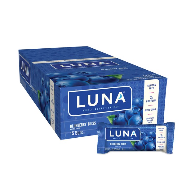 LUNA BAR - Gluten Free Snack Bars - Blueberry Bliss Flavor - 7g of protein - Non-GMO - Plant-Based Wholesome Snacking - On the Go Snacks (1.69 Ounce Snack Bars, 15 Count)