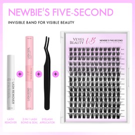 VEYESBEAUTY Lash Clusters Kit Individual Eyelash Extensions Thin & Invisible Band DIY False Eyelashes Newbie's Five-Second Series Wispy Lash Tray, Bomb KIT with Bond&Seal Remover Applicator