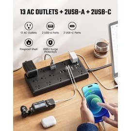 10Ft Extension Cord with Multiple Outlets, Flat Plug Power Strip with 2100J Surge Protector, 13 Outlets, 2 USB A, 2 USB C, Desk USB Charging Station, Home Office, College Dorm Room Essentials, Black