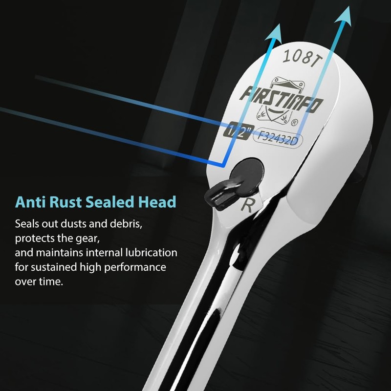 FIRSTINFO F32432D 1/2" Drive Ratchet Handle Wrench 108-Tooth Sealed Head