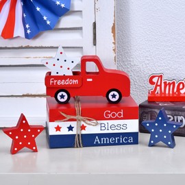 7 PCs Patriotic Table Decorations, 4th of July Independence Day Decor, God Bless America Book Stack, Stars, Wood Truck Red White Blue Tiered Tray Decorations for Memorial, Veterans Day (4th of July)