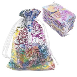 TheDisplayGuys 100-Pack 3" x 4" Coral-Lines Sheer Organza Gift Bags w. Drawstring - White - for Jewelry, Candy, Treats, Wedding Favors Mesh Pouches