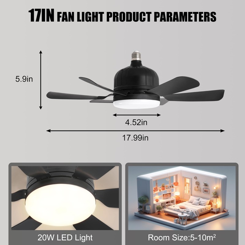 Socket Ceiling Fan Light with Remote and 1 Socket Extender,