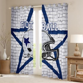 American Football Boys Window Curtains,Texas Star Cowboy Football Sports Window Drapes for Boys Men,Rugby Helmet Brick Wall Retro Blue White Window Treatments Grommet Top 2 Panel Set,52Wx96L inch