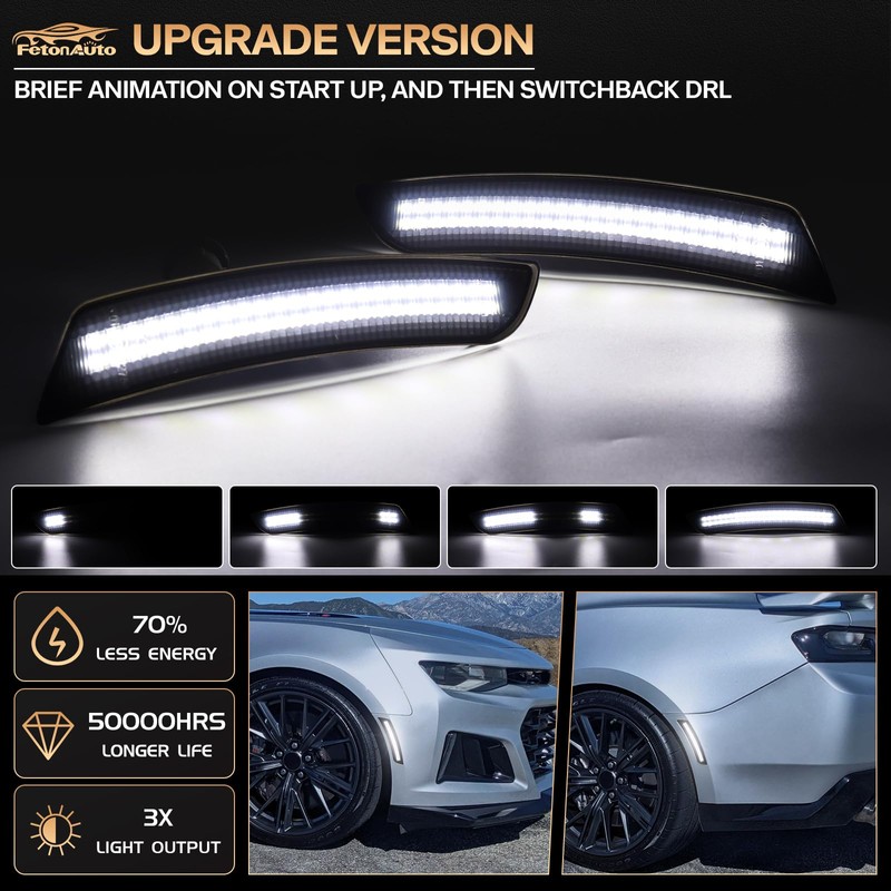 FetonAuto Dynamic White LED Side Marker Lights for Chevy Camaro