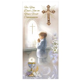 Son First Holy Communion Catholic Celebration Card for a Special Boy on his Religious Commitment Ceremony with Cross Crucifix