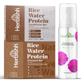 Herbishh Rice Water Hair Nourishment Set – Shampoo & Conditioner Bars + Essential Flower Hair Oil 60ml – Natural Hair Repair for Dry, Damaged Hair – Vegan, Sulfate-Free, Aromatherapy Scent