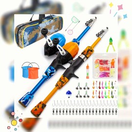 High Quality Child Rod Reel Lure Frog Hook Box Bag in One Set Telescopic Pmma Fishing Rod and Reel Combo for KidsLength: 1.5m, Color: blue and orange fishing pole kit