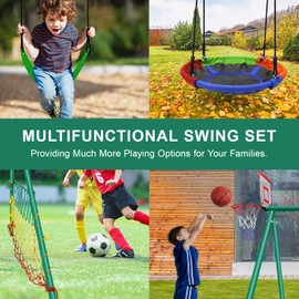 CYFIE Swing Set, Outdoor Playset Kids Saucer Swing, Belt Swing, Heavy Duty Metal Frame Swing Stand, Basketball Hoop Soccer Goal, Swing Sets Backyard, Playground, Park LL-RTQQ-D007 Green