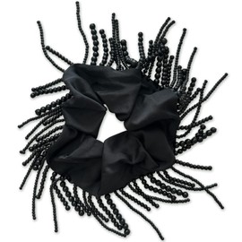 Satin Black Scrunchie Decorative Bead Tassels Large Hair Tie Accessory Woman Girl