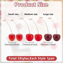 GOMAKERER 3 Pairs Cherry Earrings, 3 Colors 3D Red Cherry Dangle Drop Earrings Cute Fruits Earrings Fun Jewelry Accessories for Earring Jewelry Making