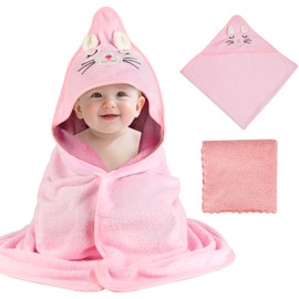 HOCUCHELAND Pack of 2 Hooded Towels, Baby Towel with Hood with Same Colour Towel, Hooded Towels, Baby Pink Kitten for Babies, Newborns, 80 x 80 cm