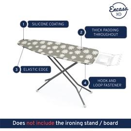 Encasa Ironing Board Covers (22 x 57 inch) Drawstring Tightening with Thick 3 mm Felt Padding, Easy Fit, Scorch Resistant, Printed - Daisy Grey
