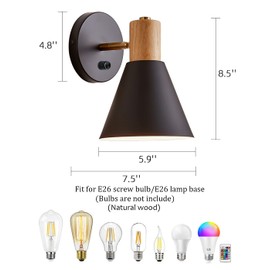 ClanKin Wall Sconces, Modern Nordic Design, 2 Pack-Black, E26, Rotateable, Industrial Bathroom Bedroom Lighting Fixture, Wall Mounted