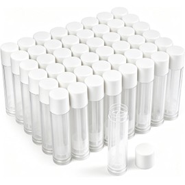 LotFancy 60 tubos de bálsamo labial vacíos, 5,5 ml (3/16 onzas), tubos transparentes con tapas blancas, sin BPA y sin fugas, rellenables, para maquillaje cosmético DIY