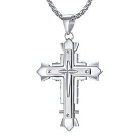 Men Stylish Holy Large Cross Pendant Necklace Baptism Christian Religion faith Jewelry for Men 24 Inch Stainless Steel Chain Silver