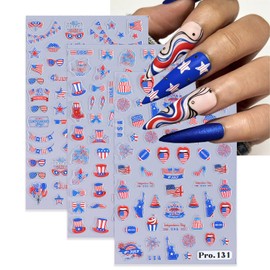 3 Sheets 4th of July Nail Art Stickers Decals Red Blue White USA Flag Red Lips and Star Designs Independence Day Nail Decorations 5D Self-Adhesive Nail Decals DIY Nail Supplies for Women