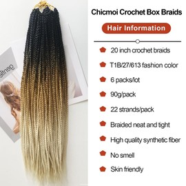 Ombre Blonde Box Braid Crochet Hair 1B/27/613 20 Inch Pre Looped Crochet Braids Knotless Small Size Crochet Box Braids Pre-looped Crochet Hair for Black Women (T1B/27/613, 20 inch box braids 6 packs)