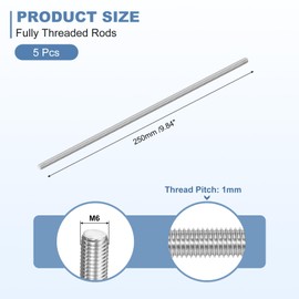 sourcing map 5Pcs M6-1.0x250mm Fully Threaded Rods, Threaded Rods Bar Studs, 304 Stainless Steel Long Thread Screws Hardware for U-Bolts, Anchors, Clamps, Hangers, Silver
