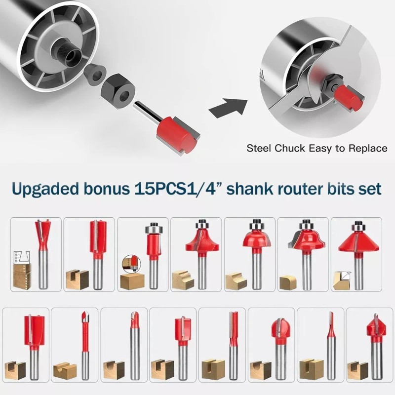 LSXD Router Madera Recortadora Rebajadora 800w +15 Brocas Carburo