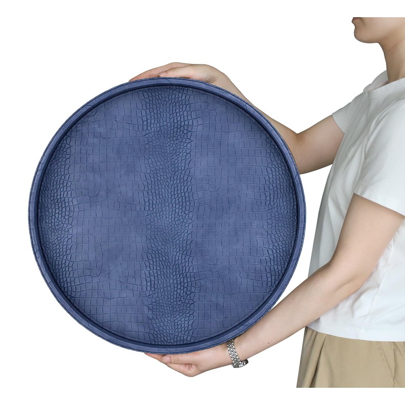 HofferRuffer Round Serving Tray 20'', Elegant Faux Leather Circle Ottoman