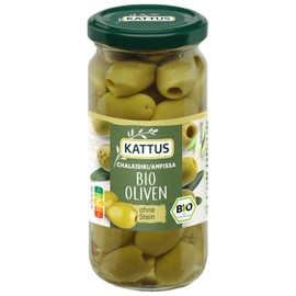 Kattus - Organic Green Olives without Stone | Greek Olives for Refining Salads or Sauces | Organic Cultivation | 125 g in Glass