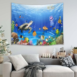 HVEST Sea Turtle Tapestry Tropical Fish Jellyfish and Coral Reef Under Blue Sea Wall Hanging Blanket Ocean Tapestries for Bedroom Living Room Dorm Decor,60Wx40H inches
