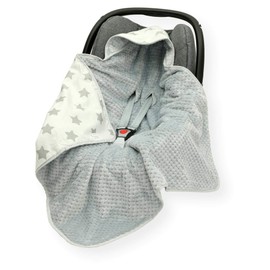 CAR SEAT Baby Insert/Blanket/Cover/Cosy Toes/Foot muff Cotton & Waffle-Effect Mink Plush 80 x 80cm Dual Layer with Hood (LG Grey Star on White/Grey)