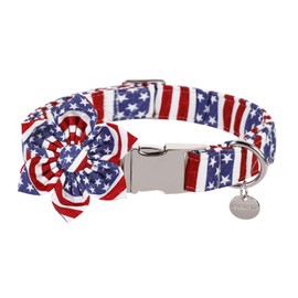 UP URARA PUP Dog Collar with Flower, 4th of July Comfortable Cotton Dog Collar, American Flag Collar for X-Large Girl Dog, Patriotic Flower Collar with Metal Buckle, XL, Neck 16-26in