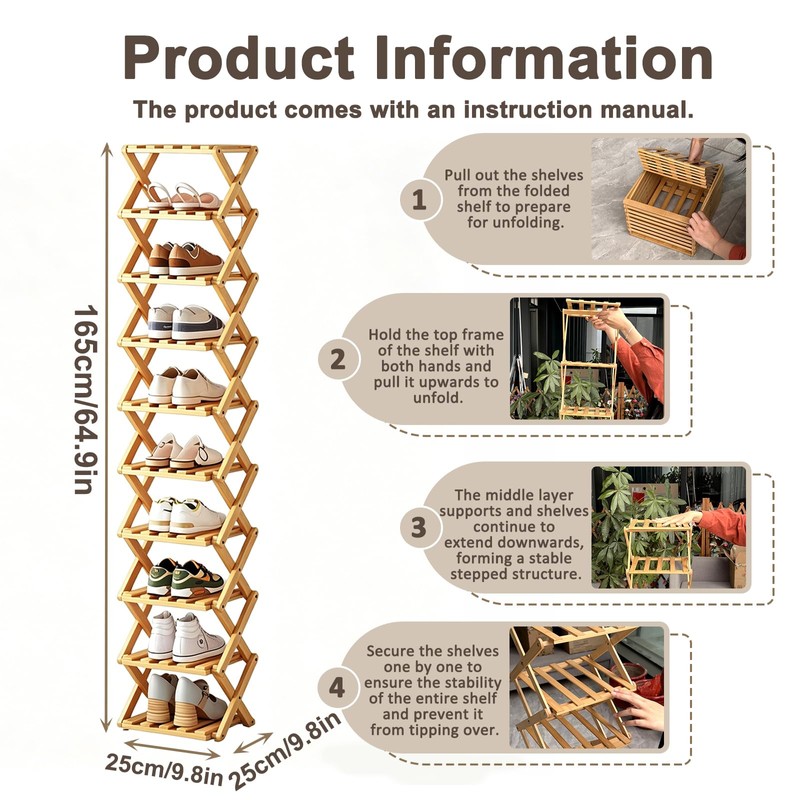 10 Tier Bamboo Shoe Rack, Foldable 10 Tier Bamboo Corner