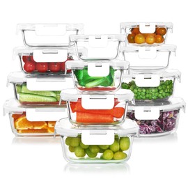 KOMUEE 24 Pieces Glass Food Storage Containers Set,Glass Meal Prep Containers-Stackable Airtight Glass Storage Containers with lids,Freezer, Microwave, Oven Safe,White