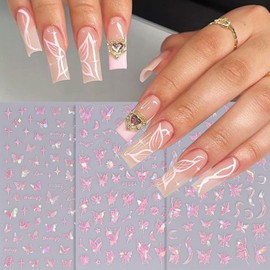 Vezocim Pink Butterfly Nail Art Stickers Decals-3D Butterflies Nail Self-Adhesive Sticker Designs Laser Pink Butterfly Star Moon Nail Transfer Decal Supplies for Women Girls Manicure Tips Decorations