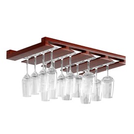 Rustic State Eze 4 Sectional Under Cabinet Mount Wood Stemware Rack Hanging Shelf Glassware Holder Bar Organizer with up to 12 Wine Glass Storage 10 Inch Deep - Mahogany