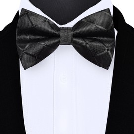 GUSLESON Black Bow Tie Pocket Square Set for Wedding Pre-Tied Silk Plaid Checkered Bowties Handkerchief Cufflinks for Men (0494-24)