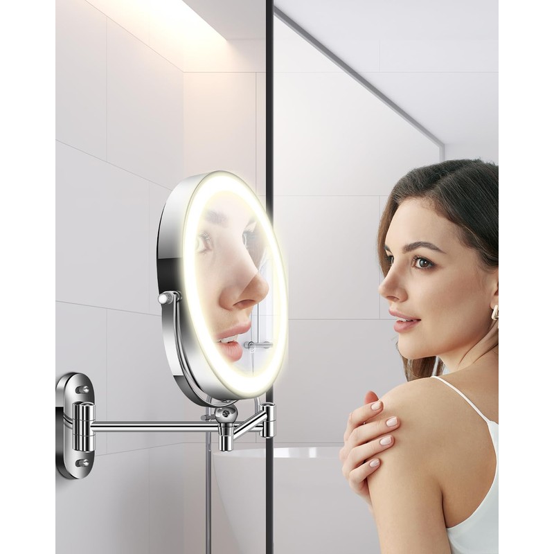 vpu 9" Wall Mounted Makeup Mirror with Light, 20X/1X Height