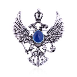 Seakuur Double Headed Eagle With Winged Stone Detailing Lapel Pin Badge Coat Suit Jacket Wedding Gift Party Shirt Collar Accessories Brooch (Retro Silver)