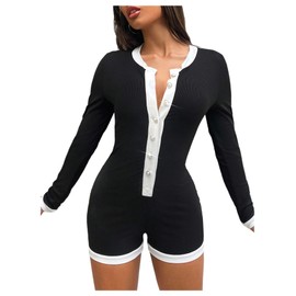 WDIRARA Women's Color Block Bodycon Romper Long Sleeve Button Down Short Jumpsuit Black and White X-Large