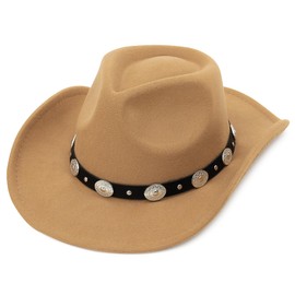 EOZY Women Men Western Cowboy Fedora Felt Hat Wide Brim Outdoor Cowgirl Hat with Belt Buckle Khaki