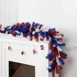 Dingion 4th of July Garland with 30 Fairy Light Independence Day Red White and Blue Pine 6Ft Patriotic Cedar Garland Decoration for Memorial Day Flag Stairs Fireplace Mantel Decor