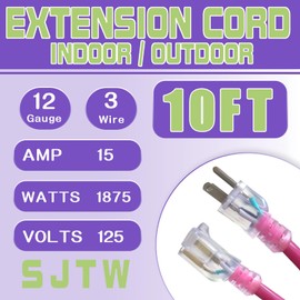 GREATIDE Outdoor Extension Cord with Lighted End, 10 FT, 15 Amp, 125V, 1875W, 12/3 SJTW, Waterproof, Pink, for Appliances, Generator, DIY Tools, Lawn Mower, Pressure Washer, Holiday Lights