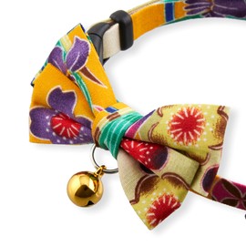 Yukata Bow Tie Cat Collar (Yellow) with Bell Safety Breakaway Soft Lightweight for Cats Kitty Kitten Japanese Stylish Pattern, No.1 Seller in Japan
