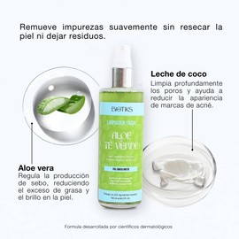 Limpiador facial para piel grasa, antiimperfecciones, antiacné, con ale vera, leche de coco, y té verde. Limpia, hidrata, remueve suciedad y grasa. Piel matificada, libre de impurezas, saludable y radiante.