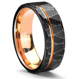 Black Tungsten Ring - 8mm Hammered Wedding Band with Rose Gold Inlay, Comfort Fit for Men Size 12, Includes Jewelry Box