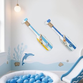 Zovylks 2 Pack Decorative Wooden Oar Wall Decor, 20 inch Nautical Paddle Set, Beach Theme with Shells and Rope, Blue and White Coastal Decor for Front Door Livingroom