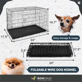 BOWHAUS Foldable Dog Crate Wire Metal Dog Kennel w/Divider Panel, Leak-Proof Pan & Protecting Feet, Single & Double Door, Small, Medium & Large Dog Crate Indoor Wire Dog Cage, 24” w/Single Door